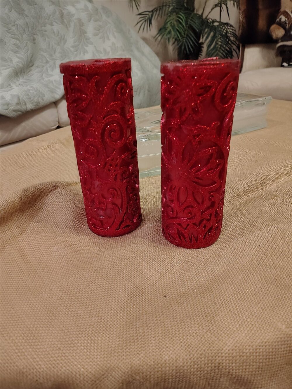 Red Embossed Pillar Candles Pair Christmas